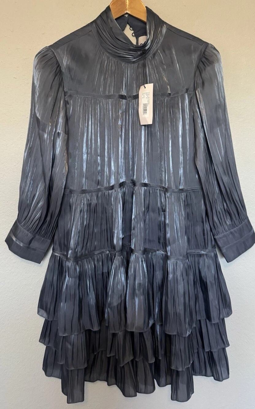 Cinq à Sept Riva Satin Plisse Tiered Turtleneck Mini DressSize 10